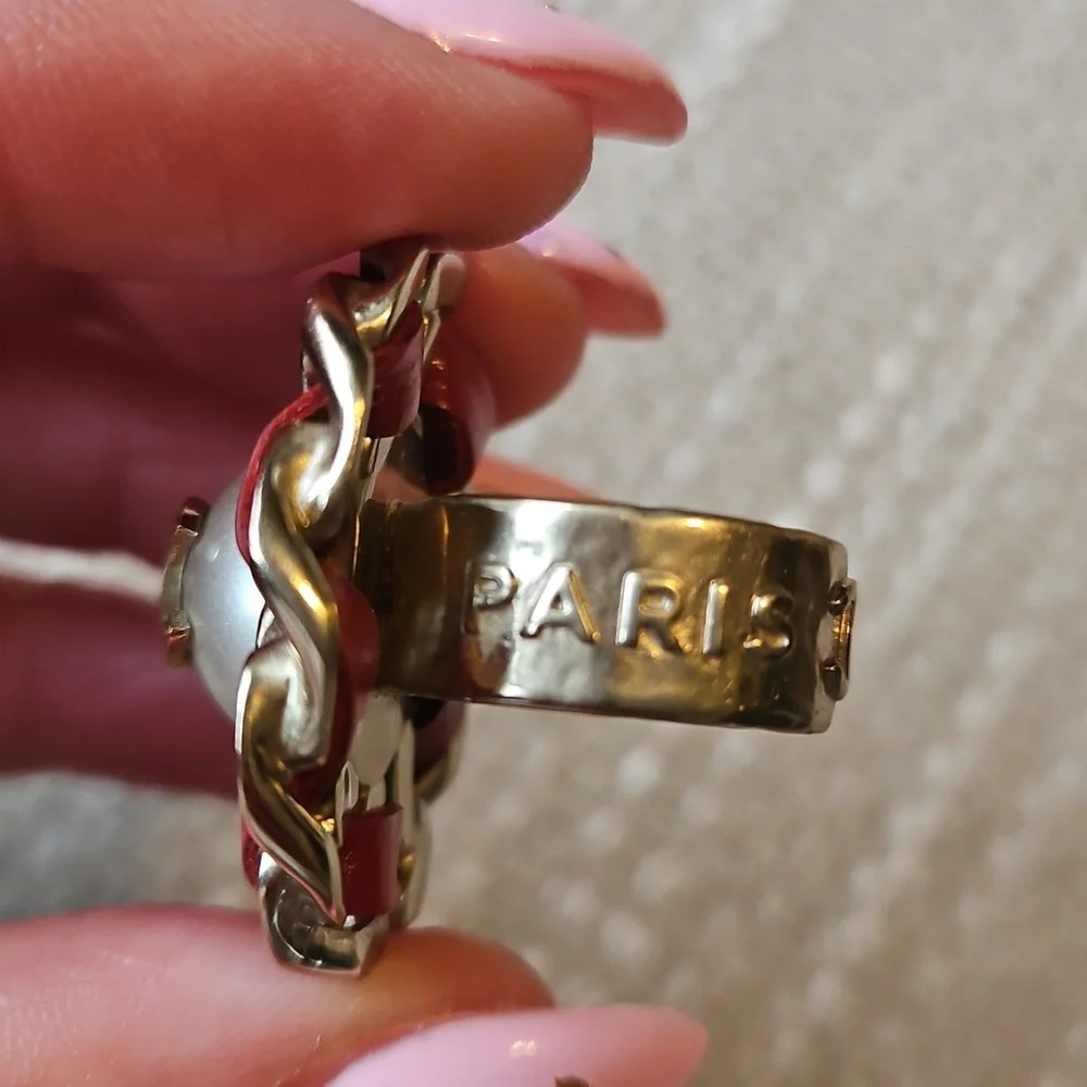 CHANEL Ring Gold Chain Pearl Red Leather CC Logo [Size 5.5] - Picture 5 of 8